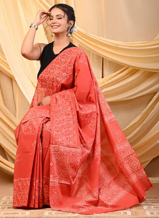 Cotton Light Red Daily Wear Printed Saree